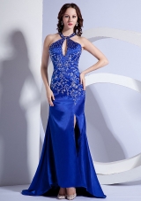 Mermaid Halter Embroidery Royal Sweep Prom Dress