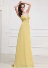 Halter Column Prom Dress Long Yellow Criss Cross