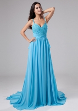 Beading Empire Straps Court Train Prom Dress Blue