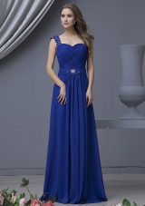 Beading Straps Blue Floor-length Ruched Prom Dress