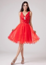 Red Deep V-neck Beaded Prom Dress Beading Ruch