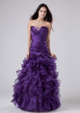 Ruffles Beading Column Prom Dress Purple Ruch