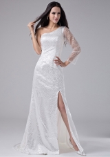 Sequins One Shoulder White Prom Dress High Slit