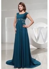 Square Beading Brush Train Blue Prom Dress