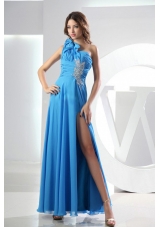 Beading Baby Blue Prom Dress One Shoulder Empire