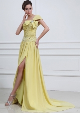 One Shoulder Beaded High Slit Yellow Prom Dress