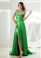 Beading Straps Spring Green Prom Dress Watteau