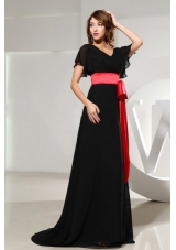 Black Prom Dress Black Sash Short Sleeves and Brush