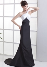 One Shoulder White and Black Prom Dress Flower