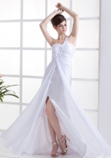 Hand Flowers Prom Dress White Slit Brush