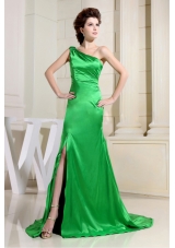 Spring Green One Shoulder High Slit Prom Evening Gown