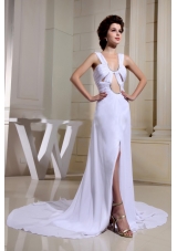 Sexy U shape Keyhole With Prom Dress With Ruched High Slit