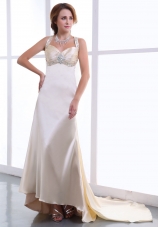 Champagne Beading and Ruching Straps Satin Prom Gown