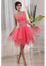 Watermelon Ruffles Knee-length Straps Organza Prom Dress