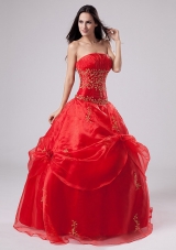 Red Quinceanera Dress With Embroidery and Pick-ups Organza