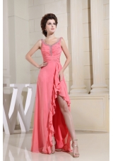 Watermelon High-low Ruched Bodice Beaded Straps Prom Dress