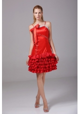 Red Spaghetti Straps Bowknot Prom Dress Riffled Layers