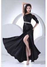 High Slit Prom Gown Black Elastic Woven Satin Ankle-length