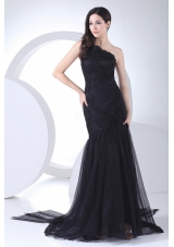 One Shoulder Black Tulle Taffeta Prom Dress Appliques