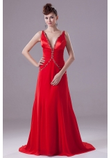 Brush Train Sexy Red Prom Formal Dress Beading V-neck