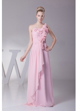 One Shoulder Beading Hand Made Flowers Pink Prom Dress