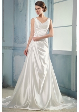 V-neck Ruching Taffeta Wedding Dress With Court Train