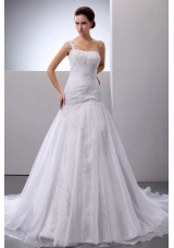 Appliques One Shoulder Court Train Organza Bridal Dress