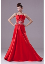 Red A-line Beading Strapless Satin Prom Dress