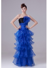 Royal Blue Prom Graduation Dress Flowers Ruffled Layers Ruch