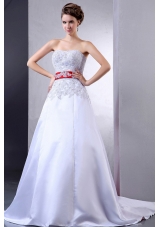 Wedding Dress With Appliques and Red Sash Court Train