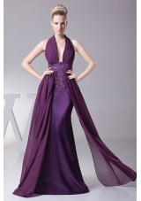 Sexy Purple Halter Dress For Prom Ruch Appliques