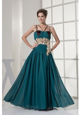 Spaghetti Straps Teal Prom Dress Handmade Flowers