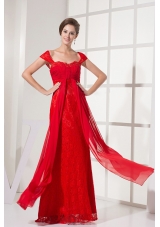 Cap Sleeves Red Prom Dress With Lace Floor-length