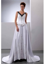 V-Neck A-Line Embroidery Wedding Dress Court Train Satin