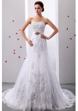 A-Line Strapless Tulle Appliques Beading Wedding Gowns