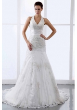 Halter Appliques Tulle Court Train Wedding Dress V-neck