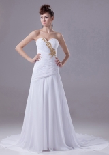 Ruched Appliques Chiffon Court Train White Wedding Dress