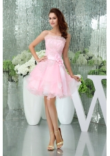 A-line Baby Pink Strapless Ruffles Lace Sash Prom Dress