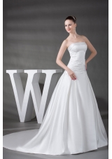 A-line Beading Satin Strapless Chapel Train Wedding Dress
