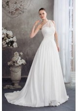 A-line One Shoulder Ruching Lace Court Train Wedding Dress