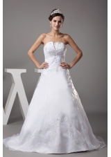 A-line Strapless Court Train Appliques Wedding Dress