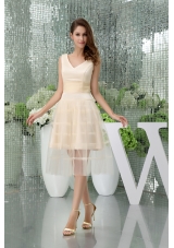 A-line V-neck Short Champagne Tulle Prom Dress
