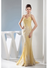 Appliques Mermaid Halter Gold Brush Train Prom Dress