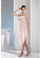 Beading A-Line One Shoulder Short Pink Prom Dress