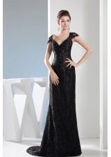 Beading Black Lace V-neck Column Brush Train Prom Dress