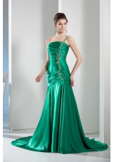 Beading Mermaid Green Court Train One Shoulder Prom Dress