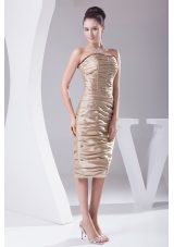 Champagne Knee-length Ruching Beading Prom Dress