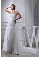 Cheap Appliques Strapless A-line Chapel Train Wedding Dress