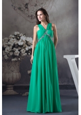 Clearance Beading and Ruching Empire Green long V-neck Prom Dress