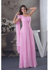 Column Ruching One Shoulder Watteau Train long Pink Prom Dress